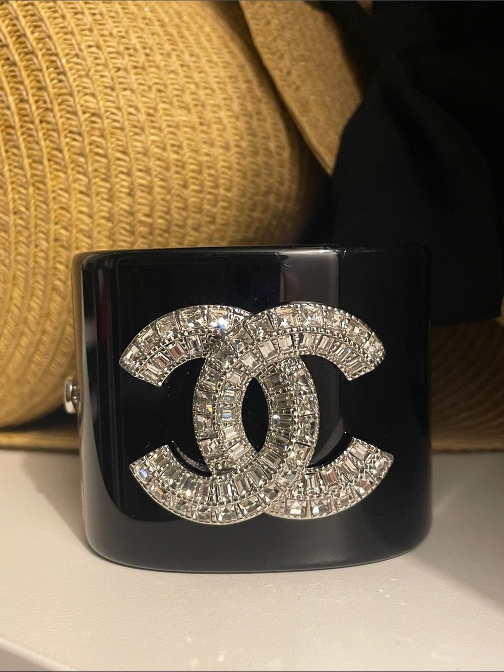 CHANEL Black Resin Cuff with Crystal CC Emblem